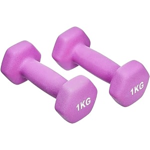 kakss neoprene dumbbells set 2kg 2 x 1kg purple hex dumbbells with easy-grip coated finish cast iron hand weights for home gym equipment and fitness training for women and men