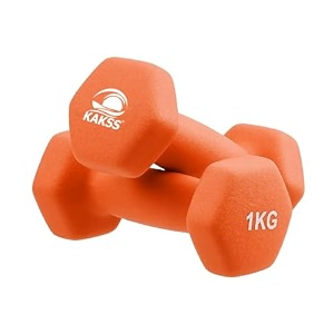 kakss neoprene dumbbells set 2kg 2 x 1kg orange hex dumbbells with easy-grip coated finish cast iron hand weights for home gym equipment and fitness training for women and men