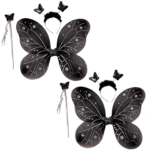 kaku fancy dresses polyester black butterfly wings with hairband and wand stick for girls - pack of 2