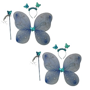 kaku fancy dresses polyester firozi blue butterfly wings with hairband and wand stick for girls - pack of 2