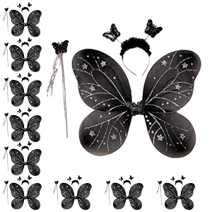 kaku fancy dresses netpolyester black butterfly wings with hairband and wand stick for girls - pack of 10