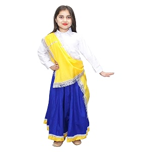 kaku fancy dresses indian state haryanvi dance lehenga farmer costume for girl-yellow amp blue 14-17 yearspolyester material