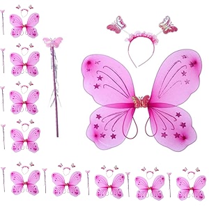 kaku fancy dresses netpolyester magenta pink butterfly wings with hairband and wand stick for girls - pack of 10
