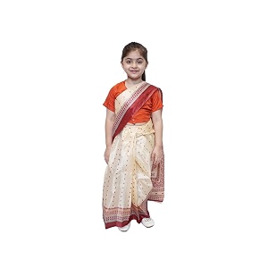 kaku fancy dresses polyester indian ethnic cream color saree farmer costume for kids - 7-8 years for girls