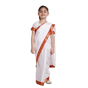kaku fancy dresses polyester indian state bengali dance white saree farmer costume for kids -white amp red 3-4 years for girls