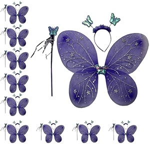 kaku fancy dresses netpolyester purple butterfly wings with hairband and wand stick for girls - pack of 10