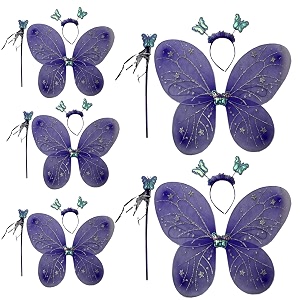 kaku fancy dresses netpolyester purple butterfly wings with hairband and wand stick for girls - pack of 5