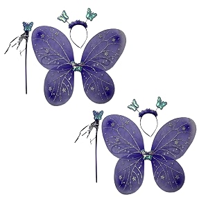 kaku fancy dresses netpolyester purple butterfly wings with hairband and wand stick for girls - pack of 2