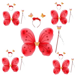 kaku fancy dresses red butterfly wings with hairband and wand stick for girls - pack of 5polyester