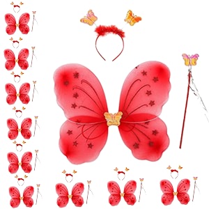 kaku fancy dresses polyester red butterfly wings with hairband and wand stick for girls - pack of 10