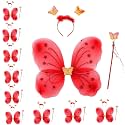 Kaku Fancy Dresses Polyester Red Butterfly Wings with Hairband and Wand Stick for Girls - Pack of 10