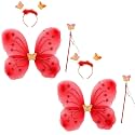 Kaku Fancy Dresses Polyester Red Butterfly Wings With Hairband And Wand Stick For Girls - Pack Of 2