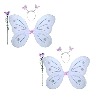 kaku fancy dresses polyester white butterfly wings with hairband and wand stick for girls - pack of 2