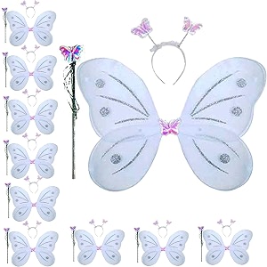kaku fancy dresses netpolyester white butterfly wings with hairband and wand stick for girls - pack of 10