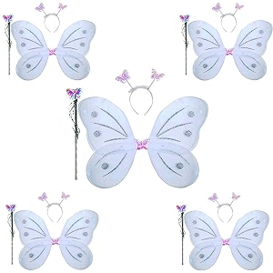 kaku fancy dresses polyester white butterfly wings with hairband and wand stick for girls - pack of 5