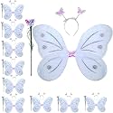 Kaku Fancy Dresses Net,Polyester White Butterfly Wings with Hairband and Wand Stick for Girls - Pack of 10