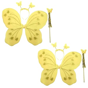 kaku fancy dresses polyester yellow butterfly wings with hairband and wand stick for girls - pack of 2