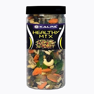 kalpa premium healthy mix dry fruits and edible seeds 400g jar  mix of cashews almonds raisins dried cranberries dried amla sunflower pumpkin wateremlon flax amp chia seed jar pack 100 natural and roasted nuts amp seed  dry fruit mix  healthy snacks