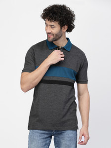 KALT Striped Men Polo Neck Grey T-Shirt