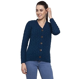 Kalt Women Full Sleeves Cable Button Acrylic
