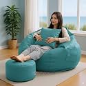 KAM'S LIEU Filled Bean Bag with Footstool N Cushion | Luxury Leatherette Bean Bag Chair for Adults, Kids | Comfortable, Durable, Stylish for Living Room, Bedroom, Gaming, Home Decor (Aqua, 4XL)