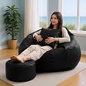 KAM'S LIEU 4XL Bean Bag Chair with Footrest &amp; Cushion | Pre-Filled EPS Beans | Premium Leatherette | Side Pocket &amp; Carry Handle | 6 Months Warranty (Black)