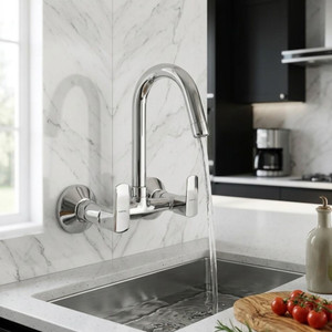 kamal sink mixer cubix prime  180 degree swivel spout  german tech aerator  quarter turn movement  hot  cold sink mixer faucet wall mount installation type