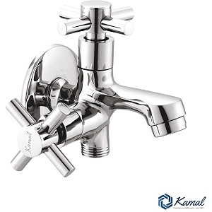 kamal two way bib tap - cross  convenient fixture  brass build  mirror finish two water outlet  aerator and 12 inch bsp male thread twin elbow valve faucet wall mount installation type