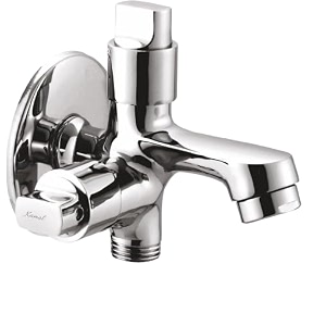 kamal two way bib tap - flute  convenient fixture  brass build  mirror finish two water outlet  aerator and 12 inch bsp male thread twin elbow valve faucet wall mount installation type