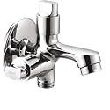 KAMAL Two Way Bib Tap - Flute | Convenient Fixture | Brass Build | Mirror Finish Two Water Outlet | Aerator and 1/2 inch BSP Male Thread Twin Elbow Valve Faucet (Wall Mount Installation Type)