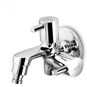 kamal two way bib tap - elite eco with washing machine adaptor  full brass quarter turn movement  second outlet is standard 12 inch bsp thread twin elbow valve wall mount installation