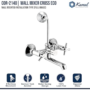 kamal wall mixer - cross eco  fully brass  with provision for overhead shower connection and 165mm long bend pipe  easy to use click fitting mixer faucet wall mount installation type