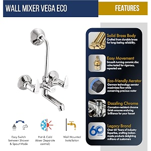 kamal wall mixer - vega eco  sturdy brass build  mirror finish  hot amp cold shower mixer  with 165mm long bend pipe  click fitting mixer faucet wall mount installation