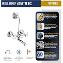 KAMAL Wall Mixer - Vignette Eco | Sturdy Brass Build | Mirror Finish | Hot &amp; Cold Shower Mixer | with 165mm Long Bend Pipe | Click Fitting Mixer Faucet (Wall Mount Installation)