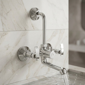 kamal wall mixer vista eco  fully brass  with provision for overhead shower connection and 165mm long bend pipe  easy to use click fitting wall mixer faucet wall mount installation type
