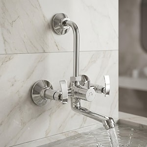 kamal wall mixer - vista eco  fully brass  with provision for overhead shower connection and 165mm long bend pipe  easy to use click fitting mixer faucet wall mount installation type