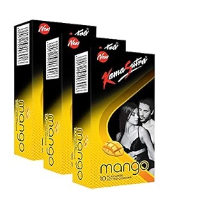 kamasutra mango flavoured condoms for men  tempting flavour with dotted texture  natural rubber latex  lubricated  exciteflavour series  pack of 3-12