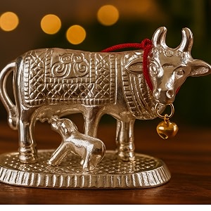 Kamdhenu Cow and Calf Statue Silver