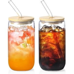 kamvy beer can shaped drinking glasses with airtight wooden lid and glass straw pack of 2 sipper travel home office for fruit juice cocktail soda iced tea coffee hot amp cold beverage tumbler 500ml
