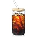 Kamvy Beer Can Shaped Drinking Glasses with Wooden Lid and Glass Straw Pack of 1, Mason Sipper Travel Home Office for Fruit Juice Cocktail Soda Iced Tea Coffee Hot &amp; Cold Beverage Tumbler 500ml