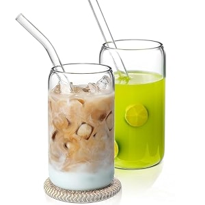 kamvy drinking glasses with glass straw set of 2 500ml beer glasses can shaped glass cups tumbler for cold coffee smoothies juice soda any drink and any occasion soda can - 2