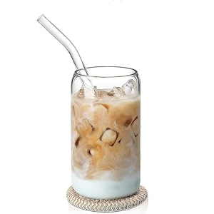 kamvy drinking glasses with glass straw set of 1 500ml beer glasses can shaped glass cups tumbler for cold coffee smoothies juice soda any drink and any occasion soda can - 1