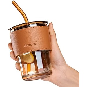 kamvy glass reusable sipper bottle with leather sleeve glass coffee mug with silicone straw and leakproof lid tumbler pack of 1 for coffeetea milk beverages 435ml amber - 1