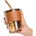 KAMVY Glass Reusable Sipper Bottle with Leather Sleeve Glass Coffee Mug with Silicone Straw and Leakproof Lid Tumbler Pack of 1 for Coffee,Tea, Milk Beverages 435ml (Amber - 1)