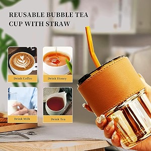 kamvy glass reusable sipper bottle with leather sleeve glass coffee mug with silicone straw and leakproof lid tumbler pack of 1 for coffeetea milk beverages 435ml amber - 1