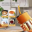 Kamvy Glass Reusable Sipper Bottle with Leather Sleeve Glass Coffee Mug with Silicone Straw and Leakproof Lid Tumbler Pack of 1 for Coffee,Tea, Milk Beverages 435ml (Amber - 1)