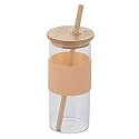 Kamvy Glass Tumbler with Bamboo Lid and Straw 400ml, Reusable Glass Drinking Sipper Bottle with Silicone Protective Sleeve for Iced Tea, Smoothies, Cold Coffee, Hot Beverages