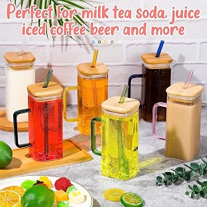 kamvy glass tumbler with colored handle pack of 1 400ml coffee sipper with wooden lid and glass straw iced tea mug clear drinking cup for juice milk smoothie beer