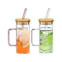 Kamvy Glass Tumbler with Colored Handle Pack of 2, 400ml Coffee Sipper with Wooden Lid and Glass Straw Iced Tea Mug Clear Drinking Cup for Juice, Milk, Smoothie, Beer