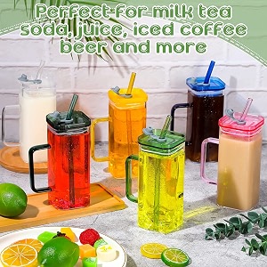 kamvy glass tumbler with silicone straw and lid 400ml square drinking glasses cup with colored handle glass coffee mugs for straw and direct drinking mouth dual use summer travel bottle pack of 1
